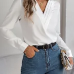 Spring Summer Casual Solid Color Triple V-Neck Long Sleeve Shirt Women Tops