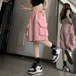 ZOKI Women High Waist Cargo Shorts American Style Streetwear Summer Wide Leg Pants Fashion Female Big Pocket Loose Shorts New