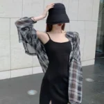 Blouses Women Plaid Chic Daily Outwear Loose Vacation Elegant Simple Long Sleeve Shirts Ladies Korean Summer Sun-proof Shirt