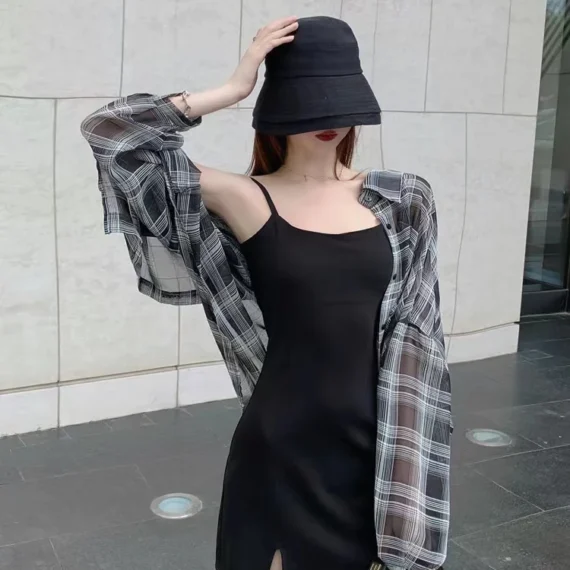 Blouses Women Plaid Chic Daily Outwear Loose Vacation Elegant Simple Long Sleeve Shirts Ladies Korean Summer Sun-proof Shirt