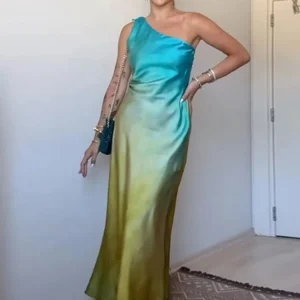 Gradient Long Dress Women Elegant One Shoulder Sleeveless Party Dress Female 2024 Summer Backless Tie-dye Lady Mermaid Robe