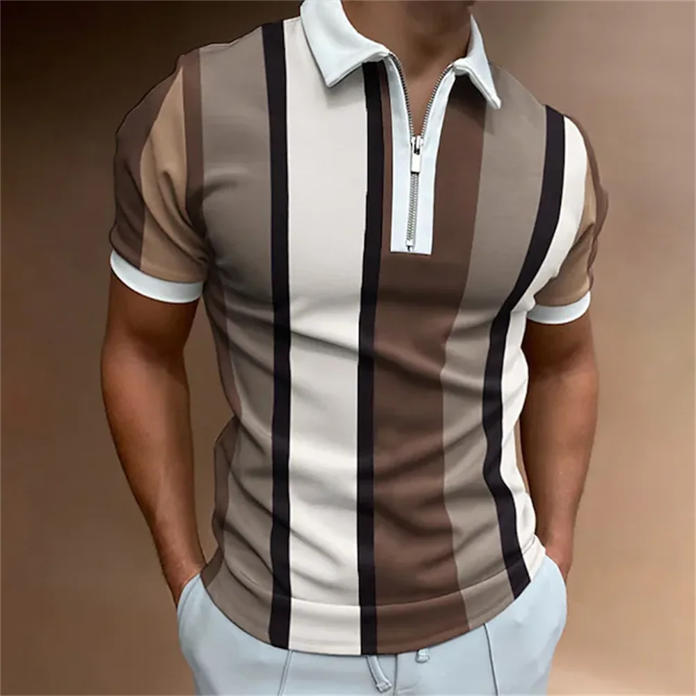2023 Polo Shirt for Men Summer Men's Tops Daily Short Sleeve Striped Golf Plain Clothing Men Shirts Turn-down Collar Zippers Tee