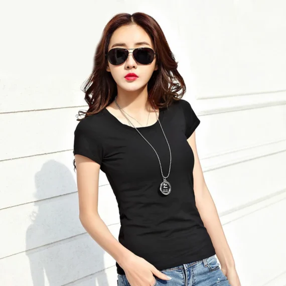 2024 Short T-Shirts Summer Women's Short Sleeve Round Neck Casual Blouse Shirts Solid Color Tops Black / White
