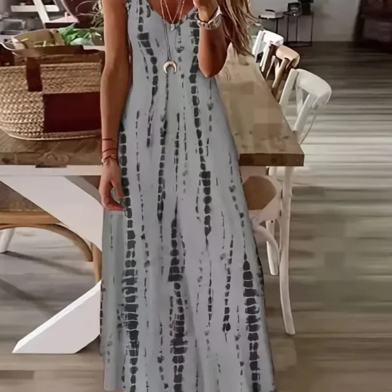 Women's Casual Loose V-neck Tie Dye Printed Spaghetti Maxi Dress Summer Beach Vacation Long Dress