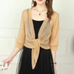 Women's Sheer Glitter Lace-up Cardigan Half Sleeve Summer Lightweight Jacket See-through Loose Blouse Women