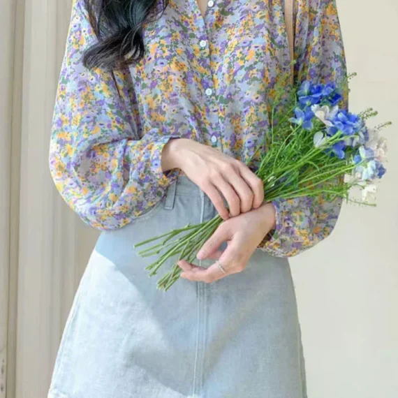 Women Elegant Print Chiffon Blouse Spring Summer Casual Long Sleeve V Neck Loose Shirt Office Lady Button Sweet Tops 2023