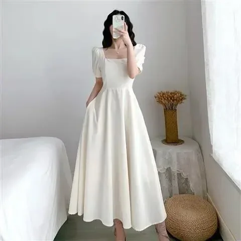 Elegant Slimming Long Dress Summer Puff Sleeves Square Collar White Hebon Lightweight Dress For Women Waist-fitted Casual