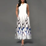 Flower Print New Casual Sleeveless Long Dress Women's V-Neck Printed Dress Swing Bohemian Retro Dresses