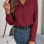 Spring Summer Casual Solid Color Triple V-Neck Long Sleeve Shirt Women Tops