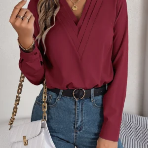 Spring Summer Casual Solid Color Triple V-Neck Long Sleeve Shirt Women Tops