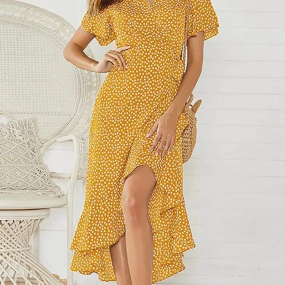 Summer Beach Maxi Dress Women Floral Print Boho Long Chiffon Dress Ruffles Wrap Casual V-Neck Split Sexy Party Dress Robe Femme