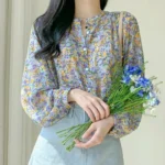 Women Elegant Print Chiffon Blouse Spring Summer Casual Long Sleeve V Neck Loose Shirt Office Lady Button Sweet Tops 2023