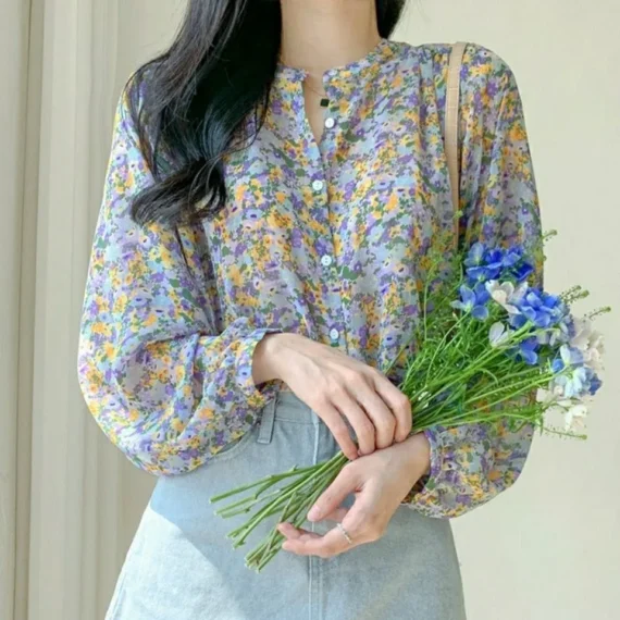 Women Elegant Print Chiffon Blouse Spring Summer Casual Long Sleeve V Neck Loose Shirt Office Lady Button Sweet Tops 2023