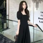 Elegant Slimming Long Dress Summer Puff Sleeves Square Collar White Hebon Lightweight Dress For Women Waist-fitted Casual