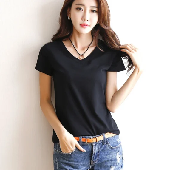 2024 Short T-Shirts Summer Women's Short Sleeve Round Neck Casual Blouse Shirts Solid Color Tops Black / White