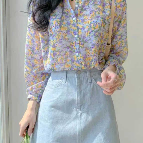 Women Elegant Print Chiffon Blouse Spring Summer Casual Long Sleeve V Neck Loose Shirt Office Lady Button Sweet Tops 2023