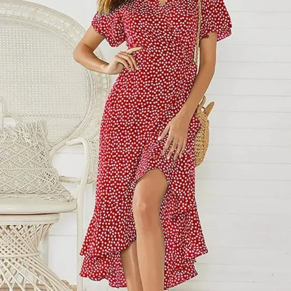 Summer Beach Maxi Dress Women Floral Print Boho Long Chiffon Dress Ruffles Wrap Casual V-Neck Split Sexy Party Dress Robe Femme