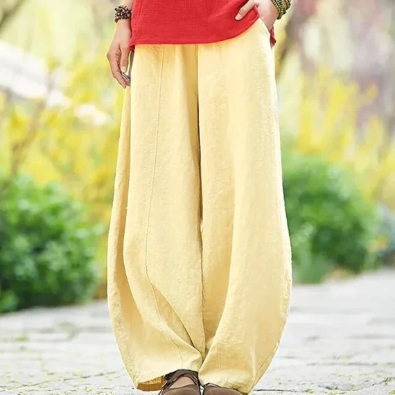 Spring Summer 2023 Cotton Linen Style Bloomers Wide Leg Pants Women Vintage Full Length Elegent Pants Solid Elasitic Waist S-5XL