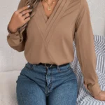 Spring Summer Casual Solid Color Triple V-Neck Long Sleeve Shirt Women Tops
