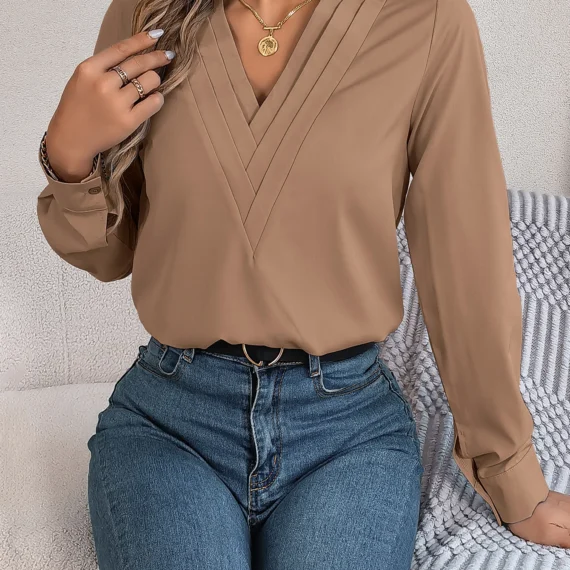 Spring Summer Casual Solid Color Triple V-Neck Long Sleeve Shirt Women Tops