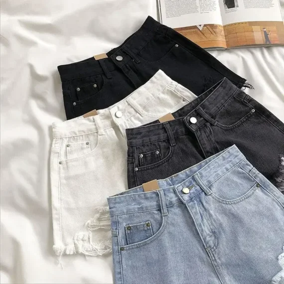 Casual High Waist Denim Shorts Women Summer Pocket Tassel Hole Ripped jeans Short Female Femme Short Pants Women