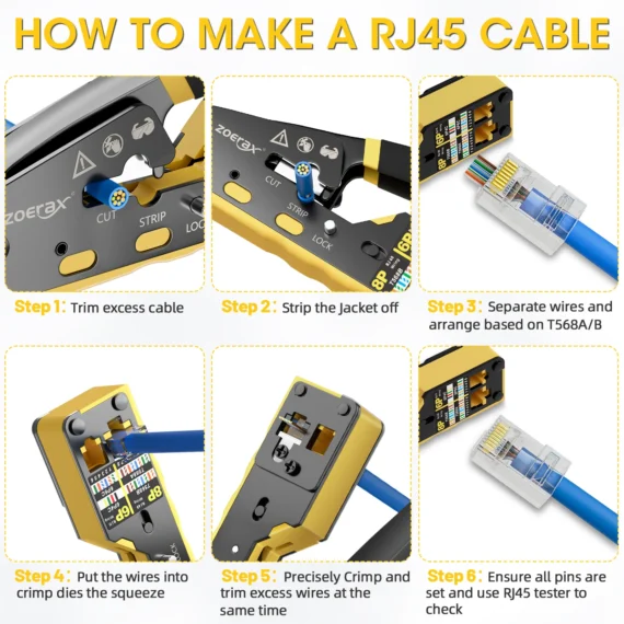 ZoeRax RJ45 Crimping Tool Ethernet Crimp Tool for RJ11/RJ12 Standard, RJ45 Pass Through Connector with Replacement Blale