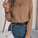Spring Summer Casual Solid Color Triple V-Neck Long Sleeve Shirt Women Tops