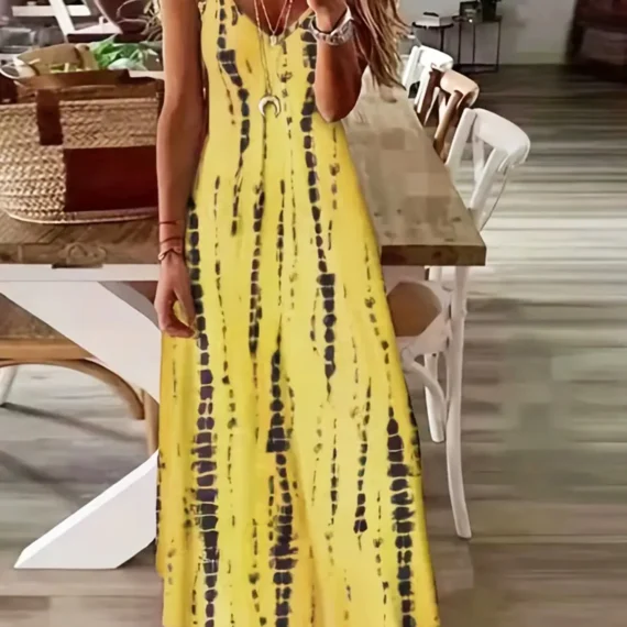 Women's Casual Loose V-neck Tie Dye Printed Spaghetti Maxi Dress Summer Beach Vacation Long Dress